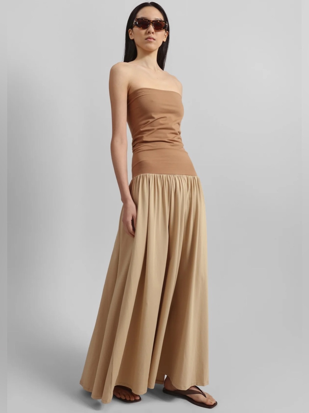 By Malene Birger Strapless Two-Tone Maxi Dress in Tan and Beige